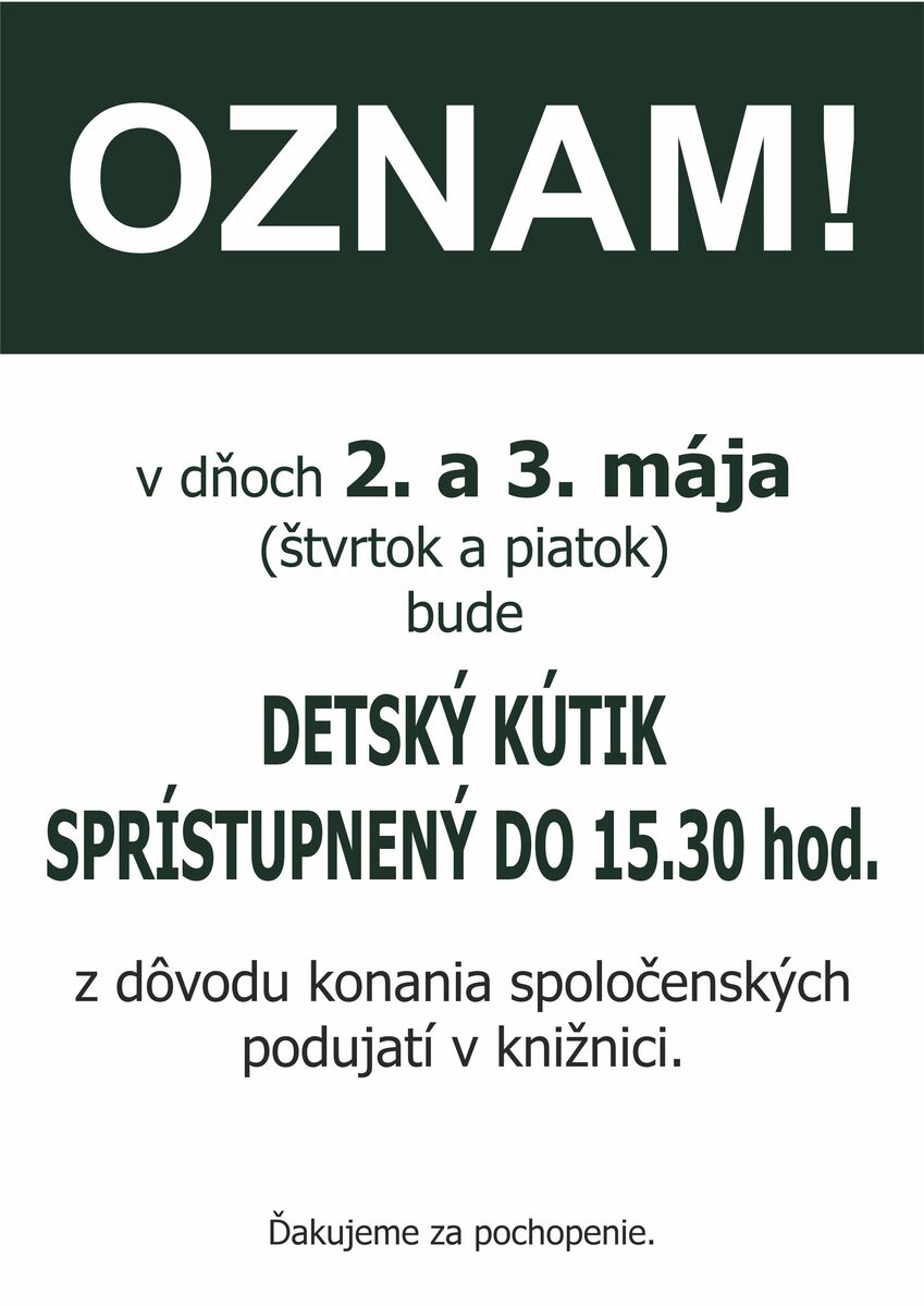 Oznam organizacnych detsky kutik