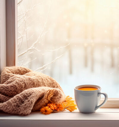 mug of hot coffee and woolen knitting on windowsill against snow landscape from outside